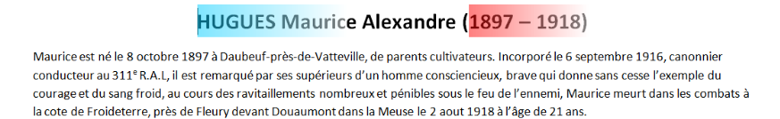 Mort HUGUES Maurice Alexandre texte